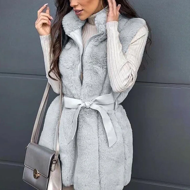 Faux Rabbit Fur Mid Length Fashion Artificial Fur Women Elegant Stand Collar Vests
