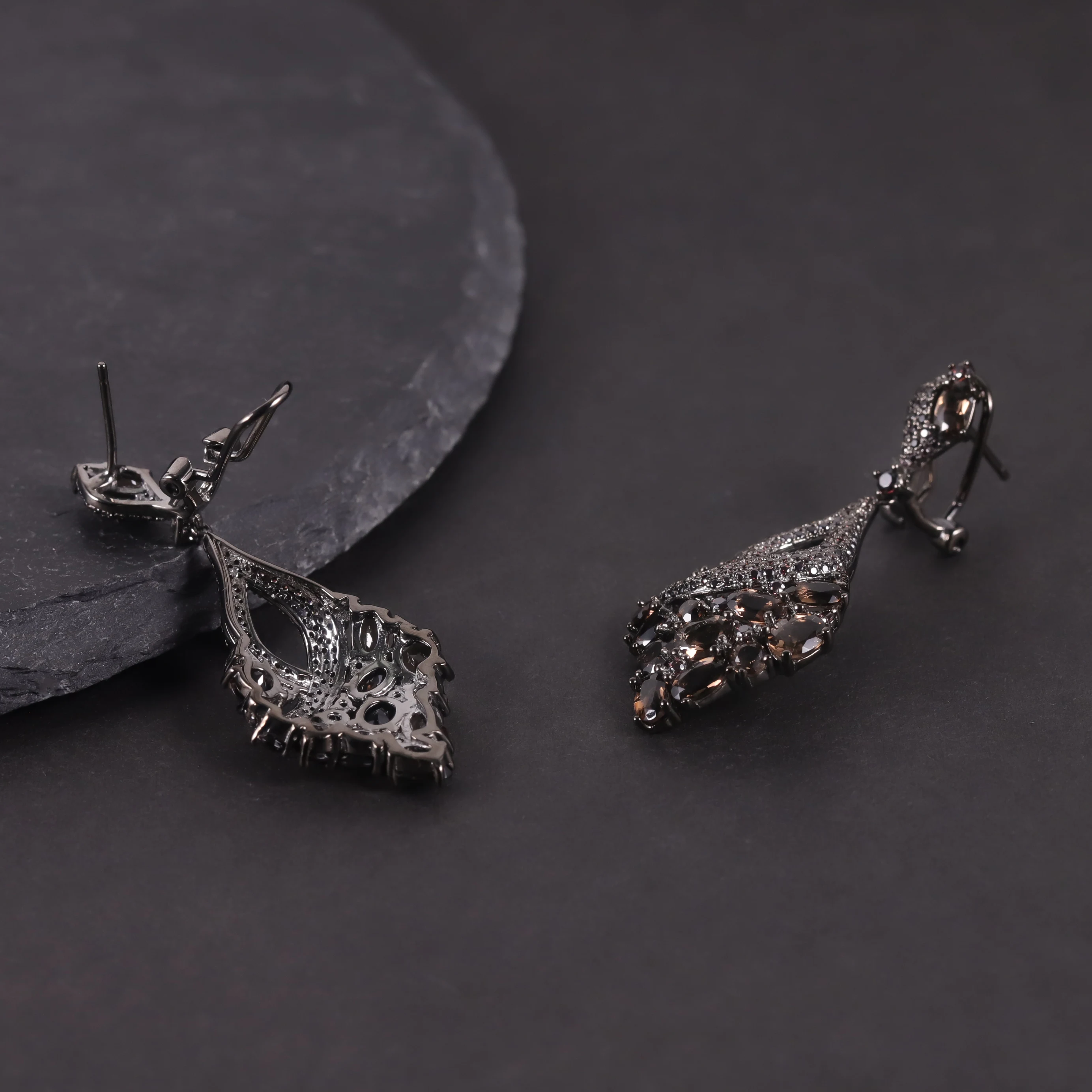 W0453 Excellent Finishing Jewelry Factory Low Cost Dark Color Black Gun Plated 925 Silver Natural Smoky Quartz Jewelry Sets