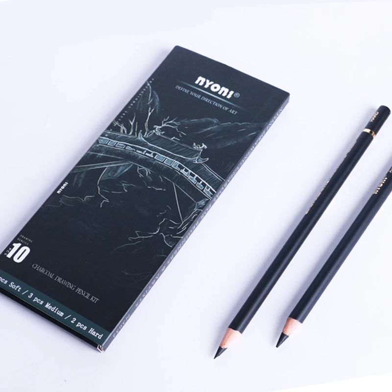 NYONI  Wood Drawing Charcoal Sketch Pencils Set for Sketch Hard Medium Soft Mixture Natural 10pcs Office & School Pencil