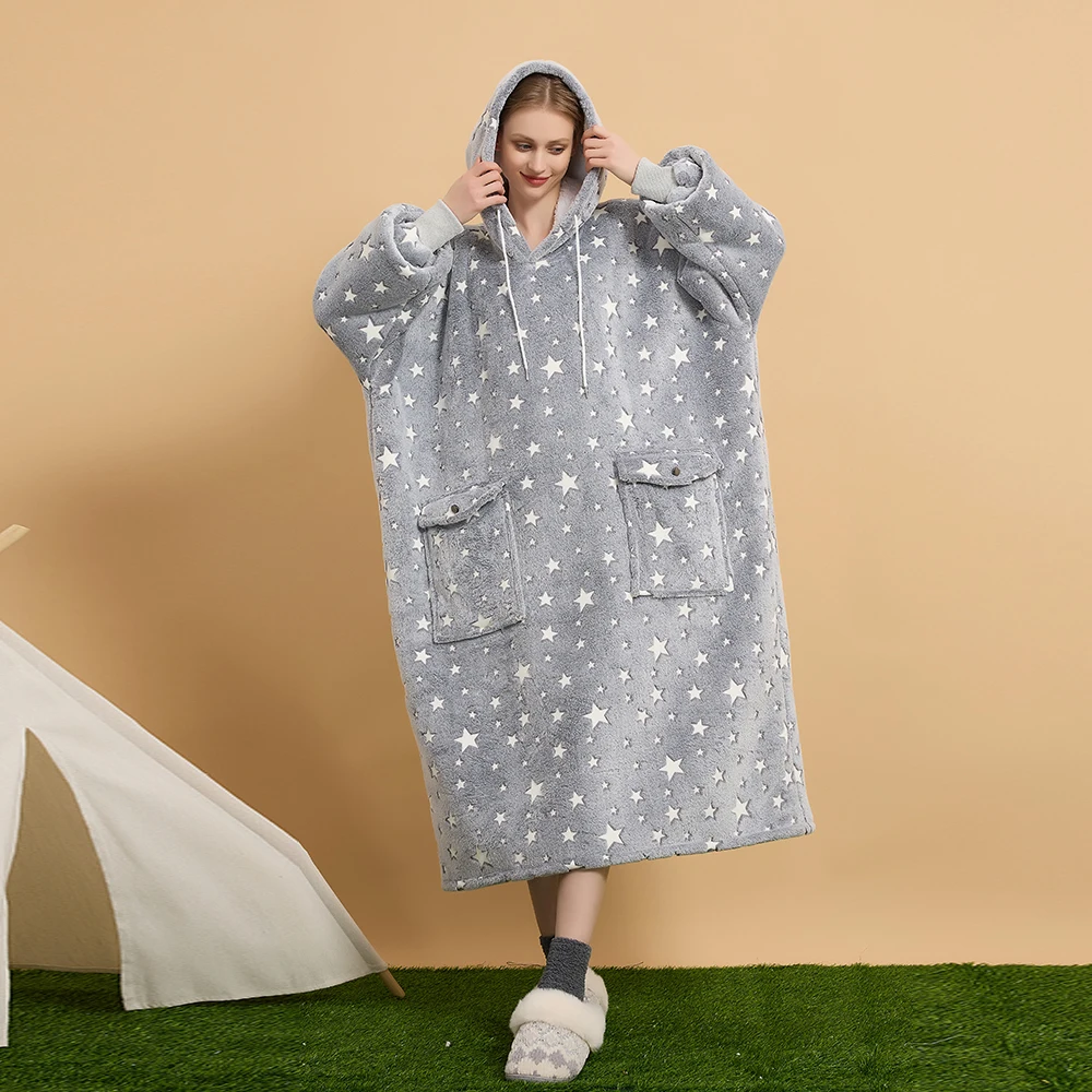 Long Oversize Sherpa Flannel Blanket Hoodie Big Pocket Blanket Sweatshirt For Women Men Teens