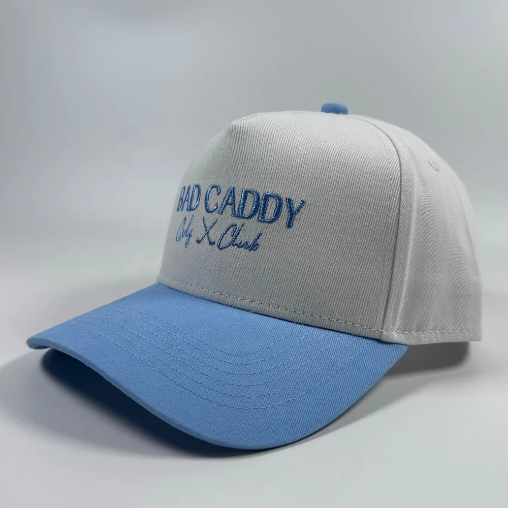 OEM popular classic cotton unisex white baby blue A frame two tones snapback hat custom embroidery design oversize baseball cap