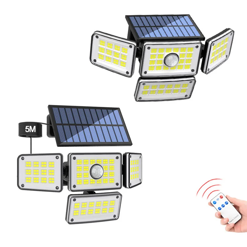 Solar Outdoor Lights Remote Control 4 Heads Motion Sensor Lights IP65 Waterproof 270 Wide Angle Flood Wall Lights With 3 Modes