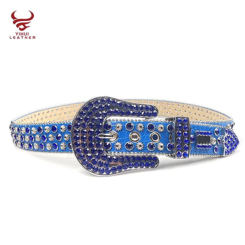 Ремень мужской из искусственной кожи с крокодиловой роскошный голубой ковбойский пояс со стразами в западном