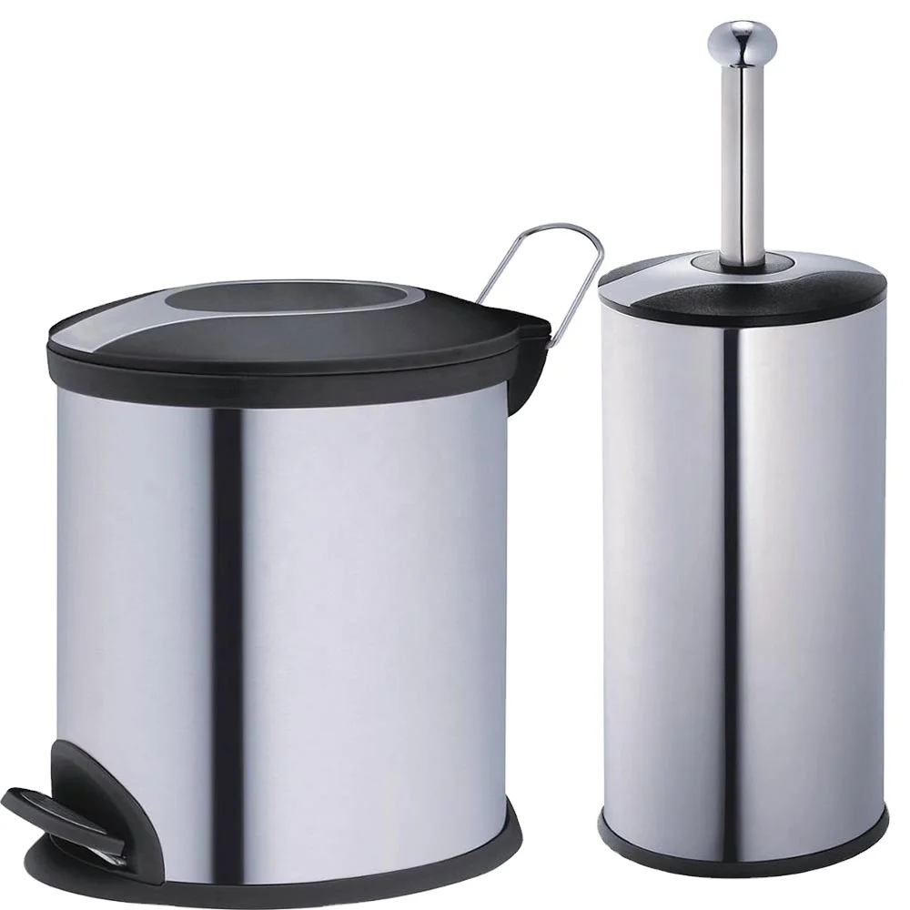Metal Pedal Waste Bin with Toilet Brush Holder Set Bathroom Toliet Stainless Steel with PP Cover New Stainless Steel,iron (1600379068523)