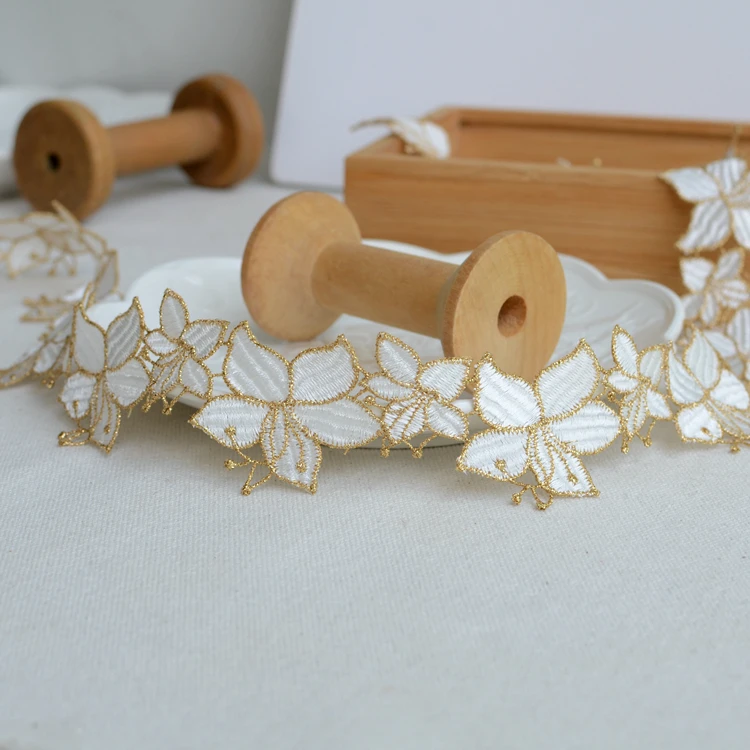 LS793 High End Gold Thread Flower Embroidery Water Soluble Lace Accessories Decorative Lace Trim for Dress Clothing