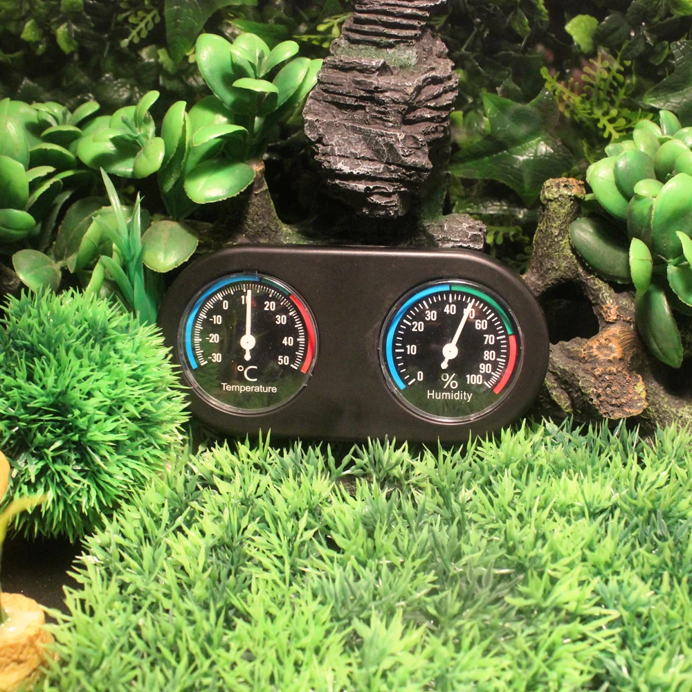 Black Plastic Double Dial Mechanical Induction Thermometer and Hygrometer for Reptile Terrariums