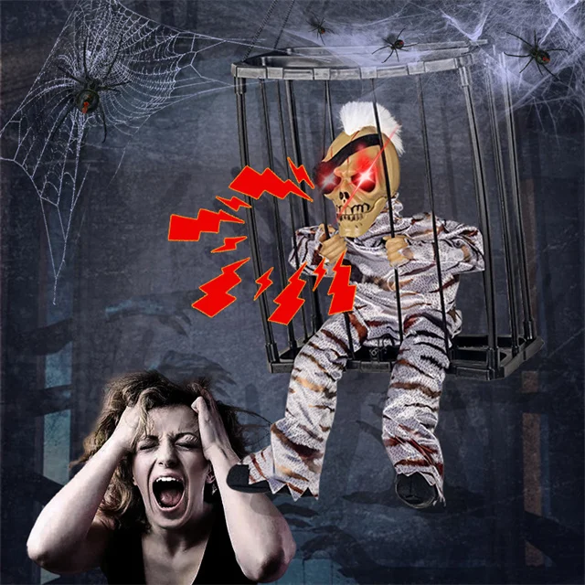Screaming Hanging Halloween Motion Sensor Skeletons Cage Prisoner Light Up Eyes Haunted Props Skeletons Hanging Ghost