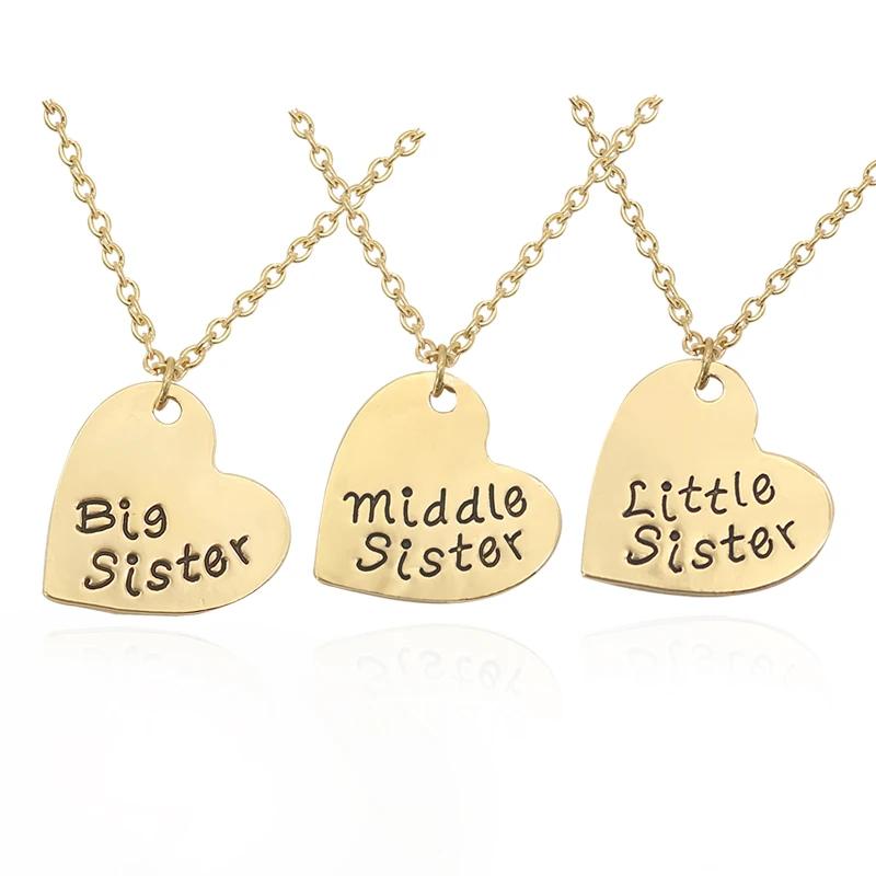 3 Pcs Heart Big Mid Lit Sis Necklace For Women Big Sister Middle Sister Little Sister Pendant Family BFF Best Friends Forever