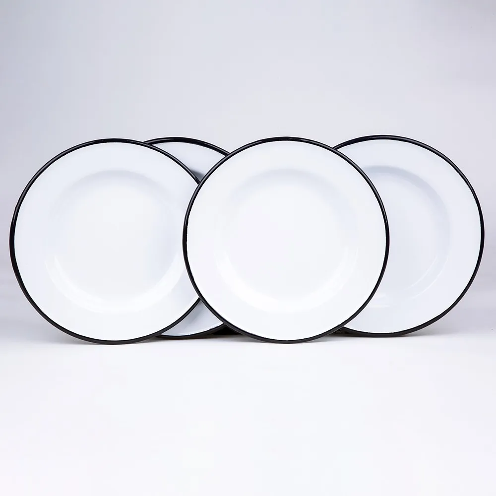 30cm dinnerware big round custom logo white color fruit serving flat shape 12 inch enamel dinner platen with black rim