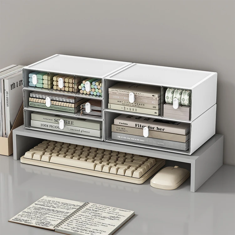 Clear Plastic Office Supplies 3 Tier Desk Organizer Stackable Desktop Storage Box with Drawer