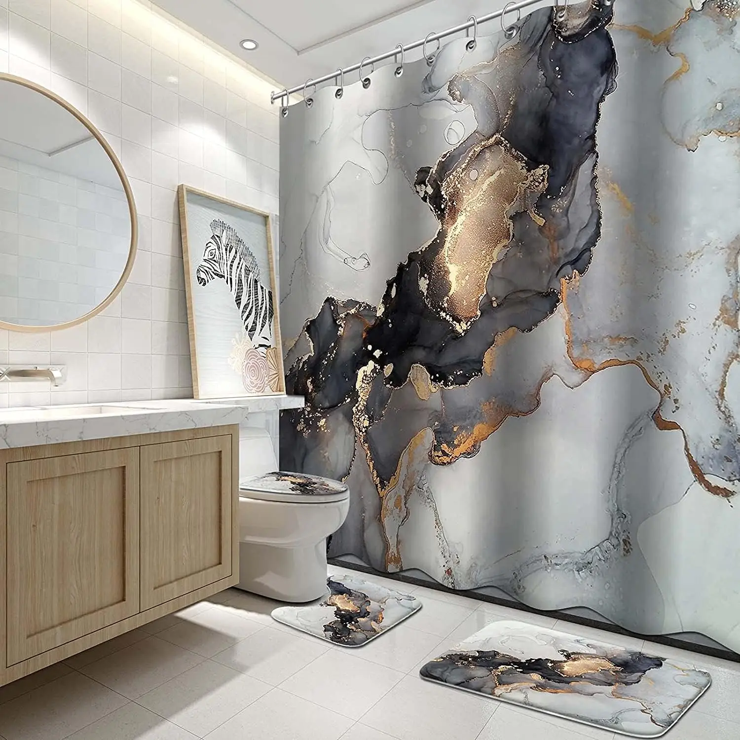 Thicken Designer Polyester Print Marble Shower Curtain Bath Mats Set Waterproof  Shower Curtain Sets and Toilet Rug Set