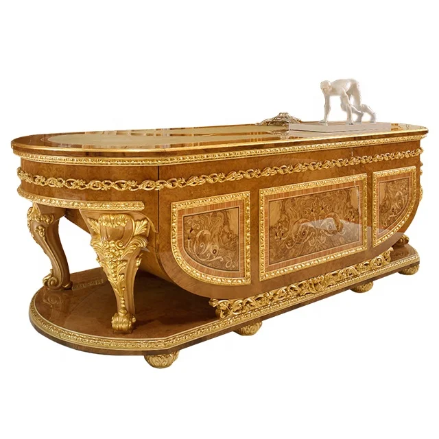 Luxury italian style hand made carved wood office writing table for Grand Palace, Gilded writing desk