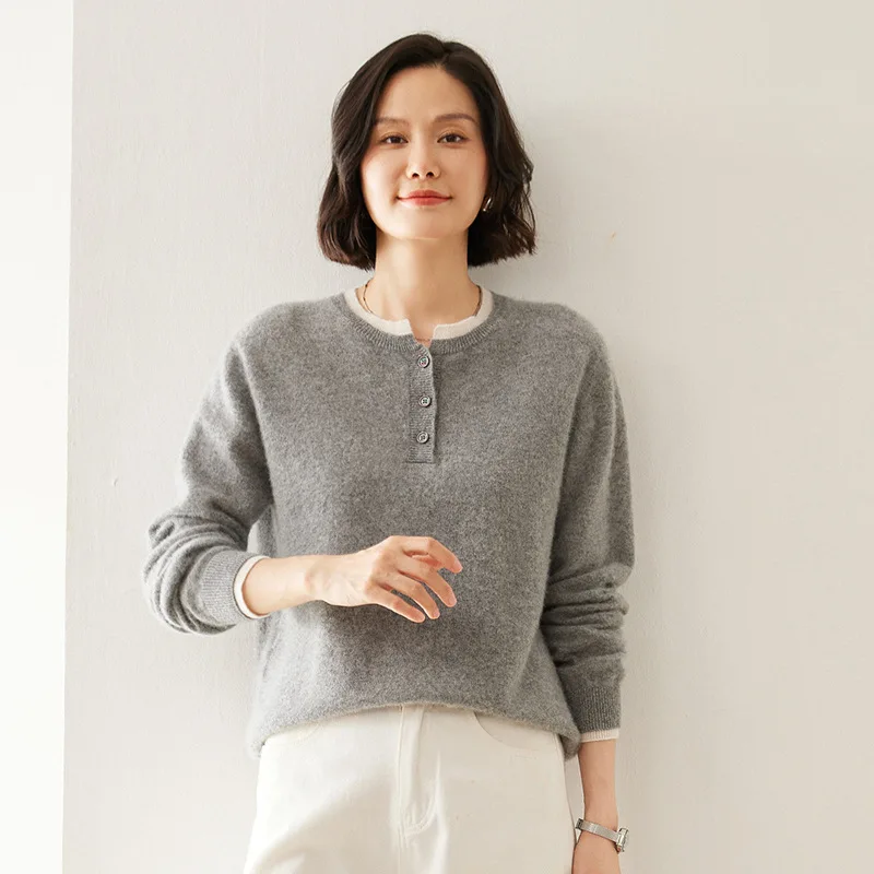 Wholesale Custom Mongolian Crew Neck Cashmere Sweater Women Button  Cashmere Knitted Sweater