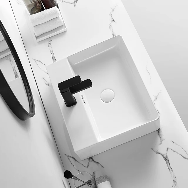 Popular design lavabo white rectangular countertop sink solid surface wash basin ceramic bathroom vessel sink