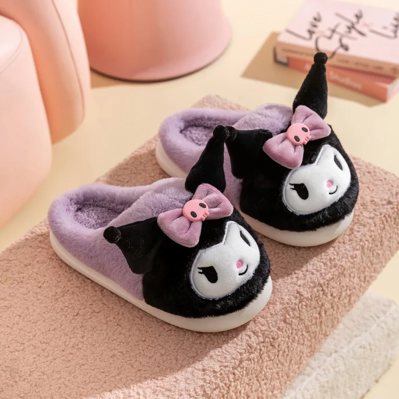 Зимние теплые домашние тапочки Sanrio KT Kuromi Cinnamoroll Нескользящие мягкие плюшевые стельки EVA для девочек