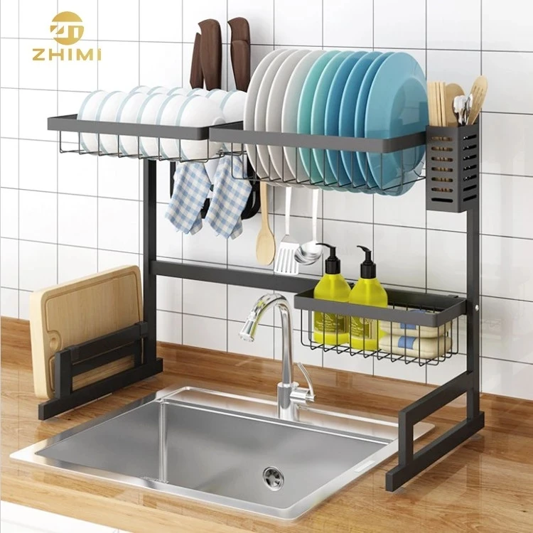 
Factory Hot Sale 2 Tiers Black Stainless Steel Home Kitchen Plate Drying Storage 65cm Over Sink Dish Drainer Rack 
