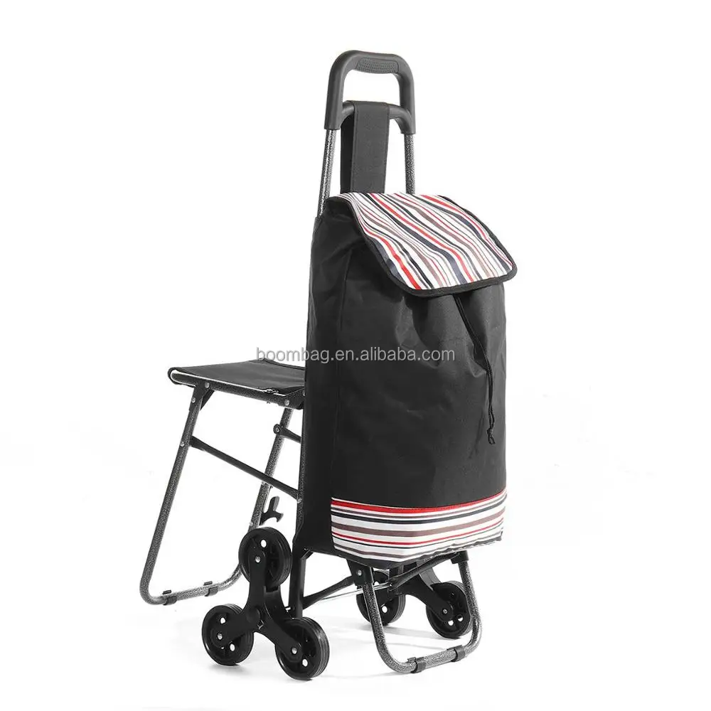 Reusable Portable Supermarket Vegetable Grocery Stair Climbing Folding Shopping Trolley Bag with Chair