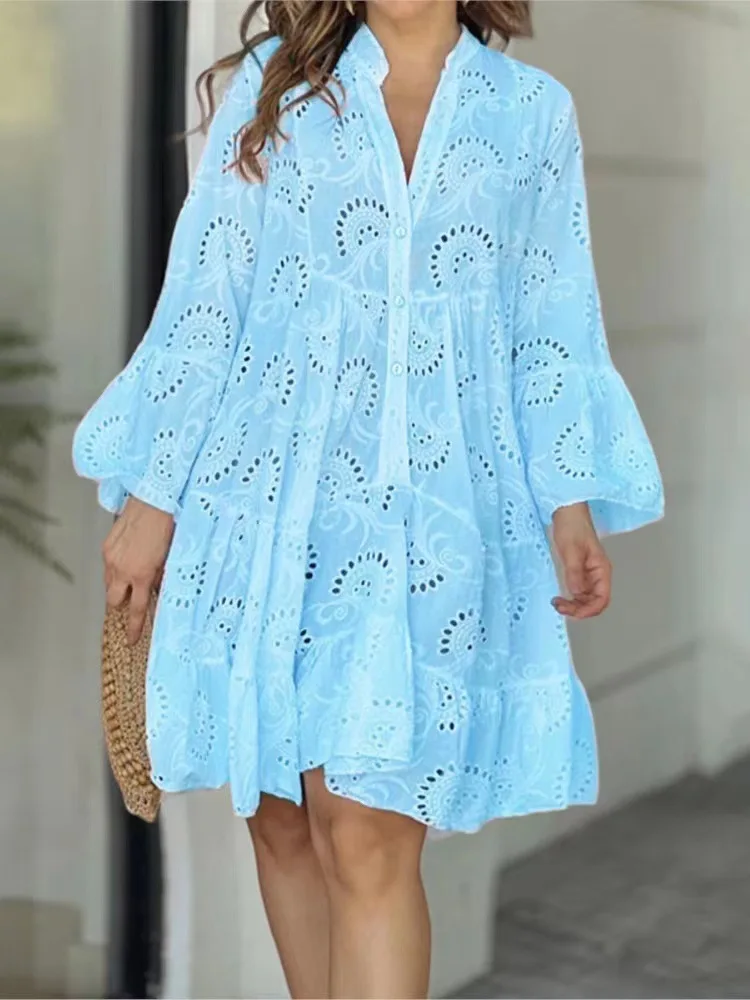 Custom Logo Fashion Summer Spring Ladies Casual V-Neck Loose Embroidered Hollow Out Lace Sexy Shirt Dress Women Skirt