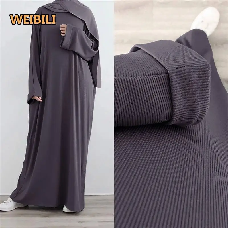 Dubai 2024 Plus Size Modest Eid Ramadan Knitted Turkey Maxi Dress Muslim Fall Winter Ribbed Ladies White Abaya Islamic Clothing