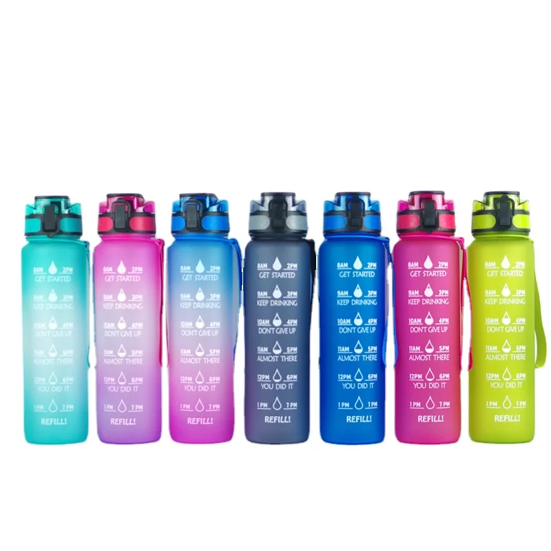 Outdoor Travel Portable Leakproof Cup 32OZ BPA Free Gym Plastic Sports Matte Straw Motivational Water Bottle With Time Marker