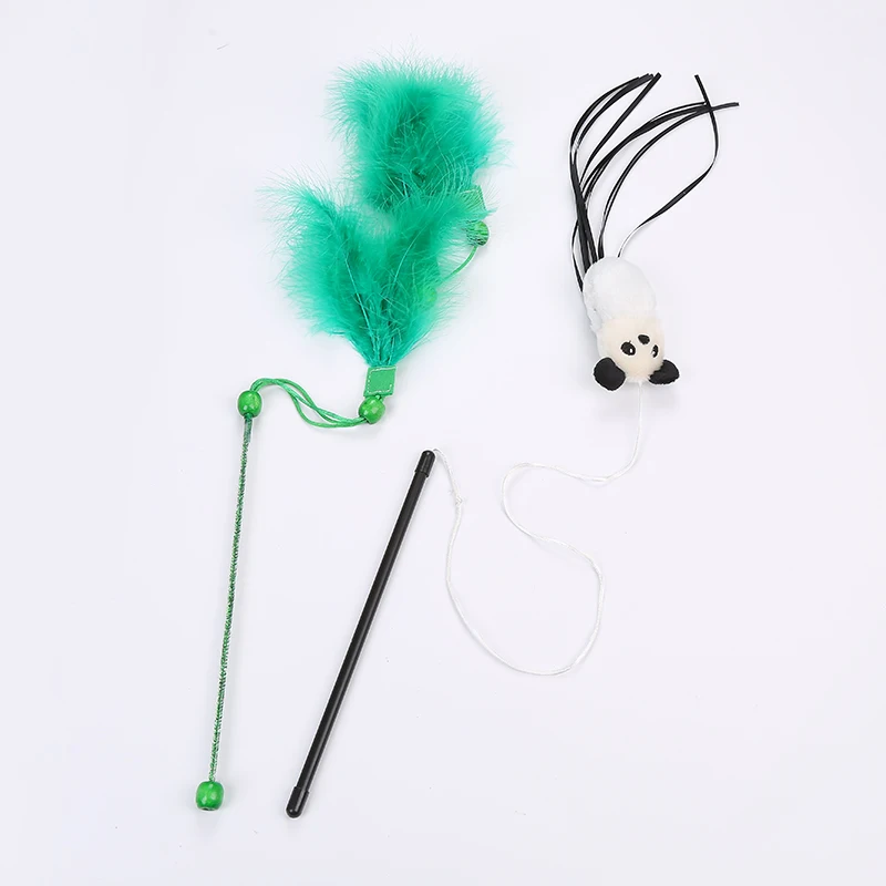 panda and green feather shape cat teaser interactive toy wholesale pet supplies in stock