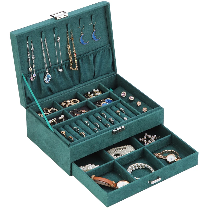 
wholesale Sell well Tray Showcase Ring Luxury Display With lock jewelry Storage Organizer velvet jewelry Box 