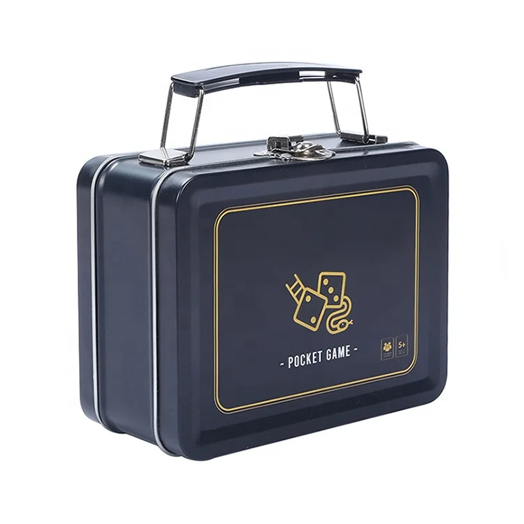 Custom Rectangular lunch box Flip Hinged Lid Metal Tin Box with Handle and Lock for Food Toy Gift Packaging