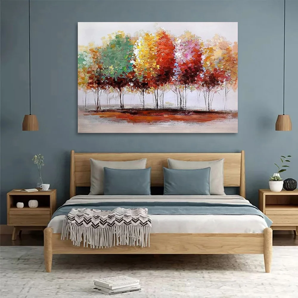 Tree canvas print wall art home decor, large colored tree branch oil paintings, living room bedroom hand-painted forest pictures