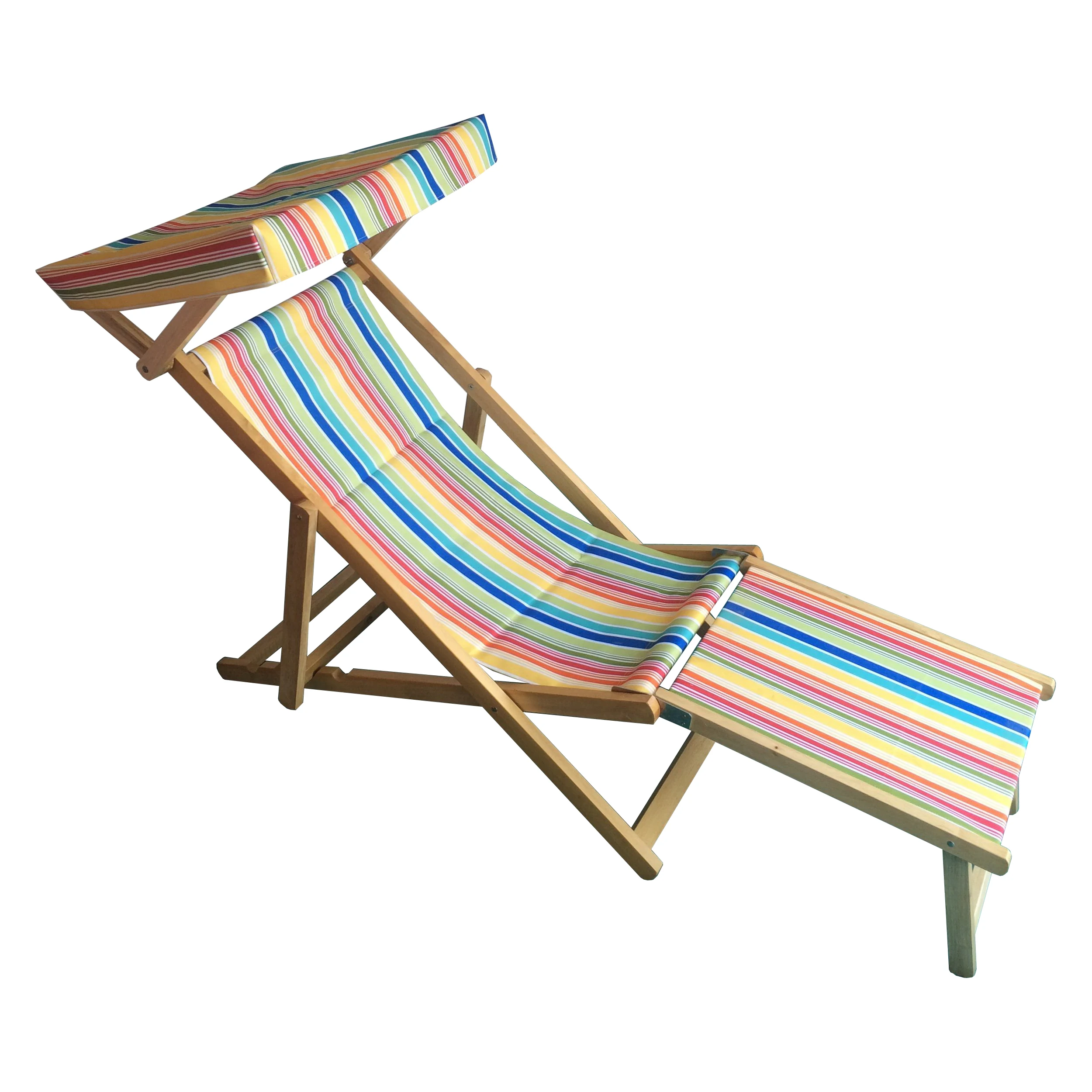 Wooden Frame Canvas stripe Fabric Beach Chair Lightweight Folding Lounge Deck Chairs with umbrella and footrest