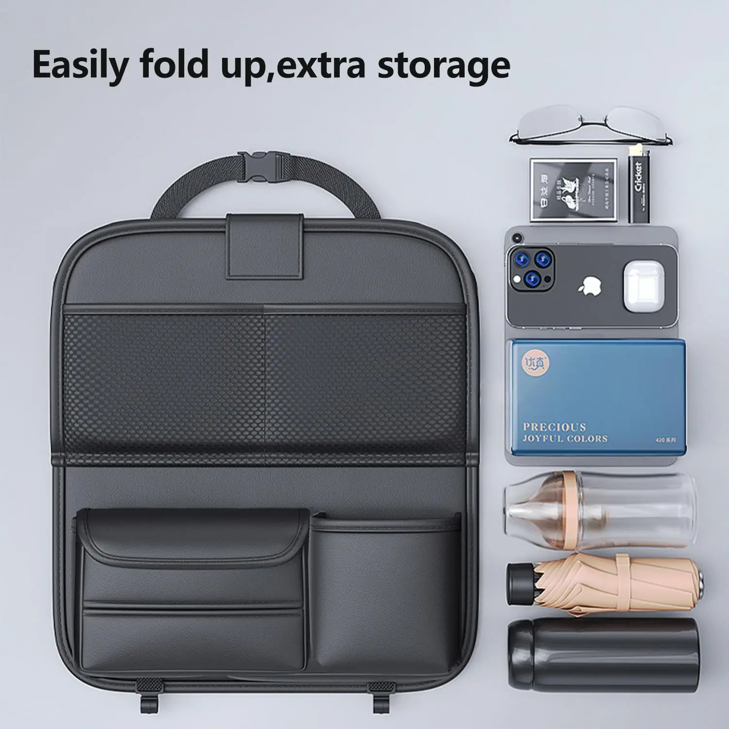 Factory Custom Back Seat Car Organizer with Tray,Foldable Car Table for Backseat Headrest with Big Pockets Waterproof Leather