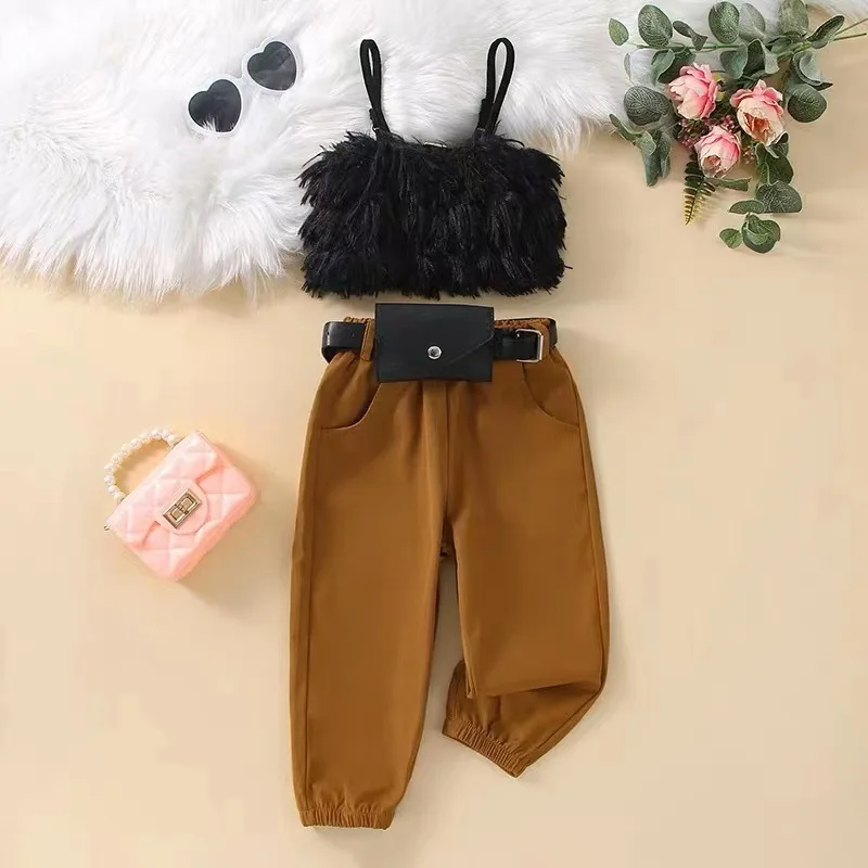 Summer Fashion Kids Girls 3pcs Clothes Sets Furry Spaghetti Strap Tank Tops + Long Pants + Waist Bag Children Outfits