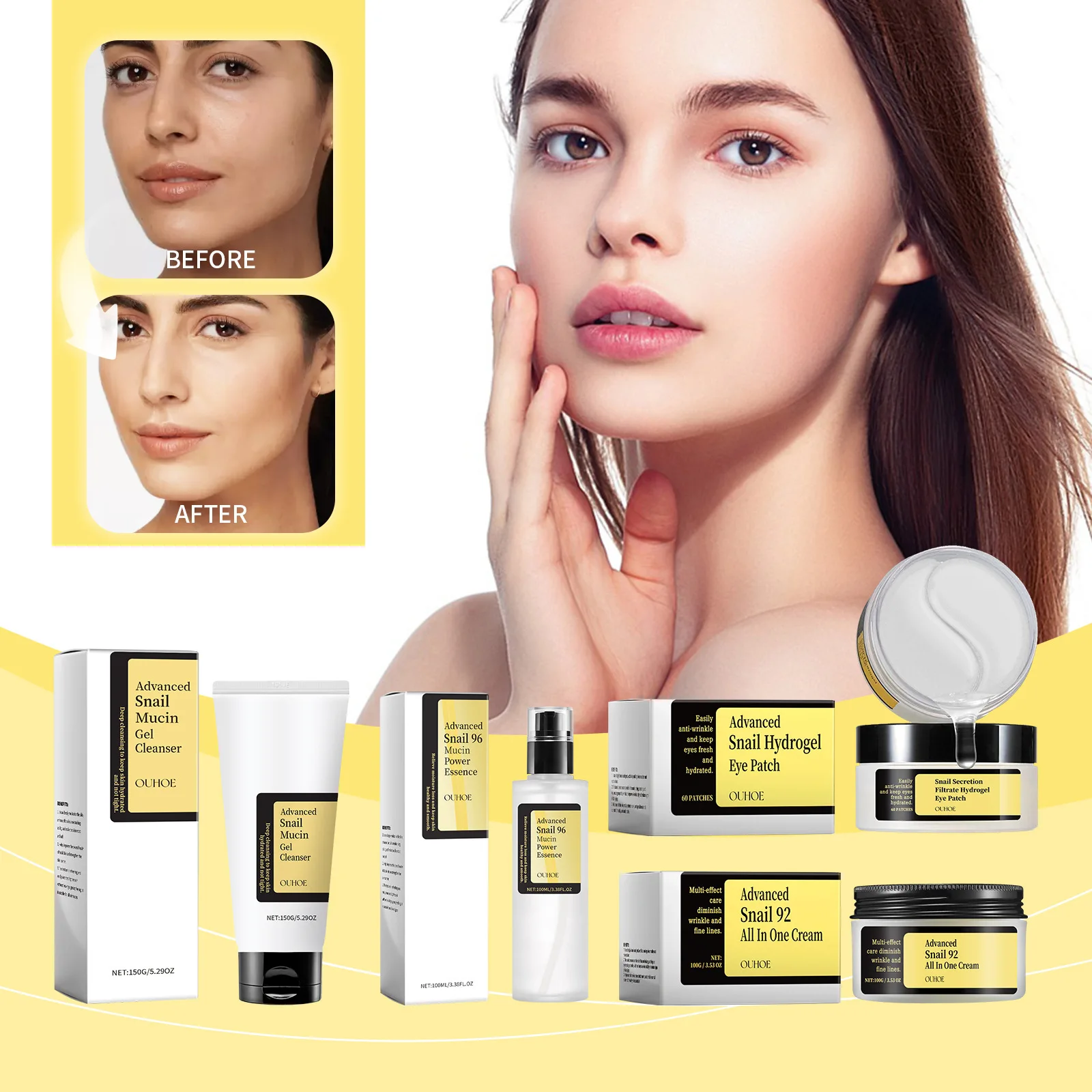Snail  Essence care skin care set improve skin quality Face cream Eye mask Essence Water cleansing gel wholesale Customization