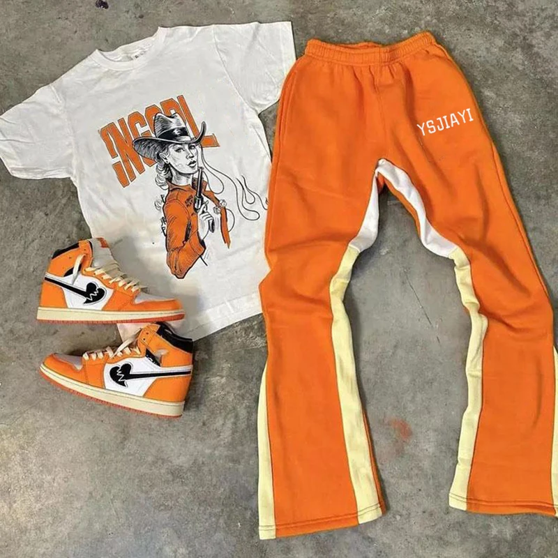 Custom Graphic Print T Shirt Flared Pant Set 3d Puff Print Logo Flared Pant Two Pieces Tracksuit Jogger Set
