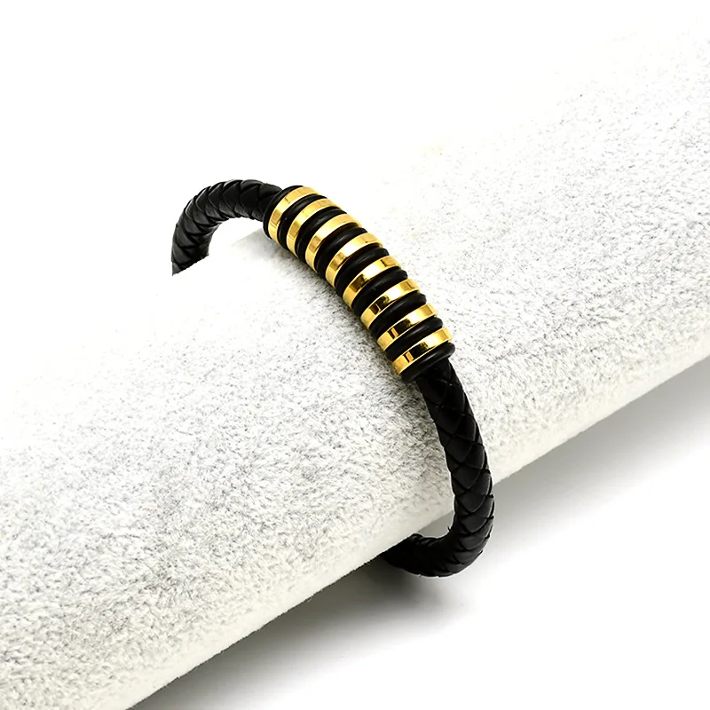 Trendy Gold Titanium Steel Bracelet Braided Leather Rope Bracelet Personality Stainless Steel Bangles Bracelet