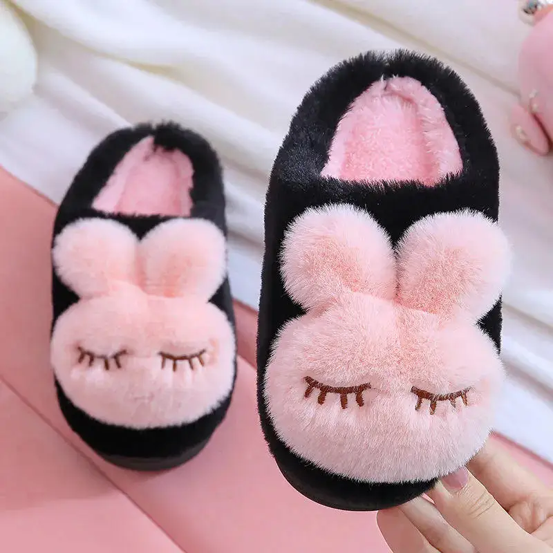 Wholesale Fashion Cute Animal Style Rabbit Fluffy Warm Unisex Anti Slip Soft Kids Slippers For Winter Indoor House Home