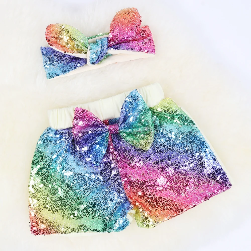 Rainbow Baby Girls Sequin Shorts Summer Toddlers Birthday Short Pants Glitter On Both Side With a Rabbit Headband Casual Outfits