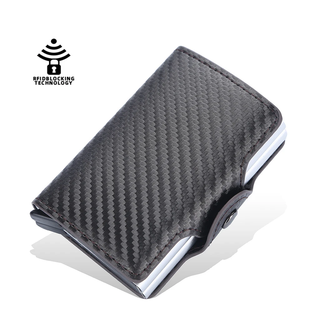 New Fashion RFID Automatic Bullet Double Layer Anti-theft Magnetic Buckle Carbon Fibre Card Holder