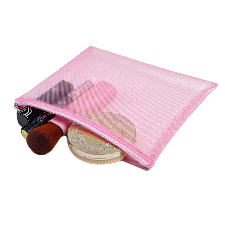 Custom Pink Mesh Makeup Bags Clear Zipper Pouch Wash Kit Travel Net Bag For Packaging