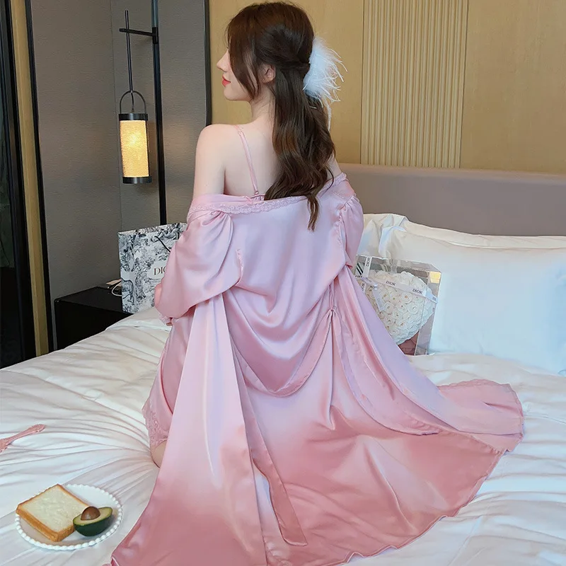 Luxury lace embroidery excellent women printing satin kimono pajamas sexy silk bathrobe 2 piece night dress and belt robe set