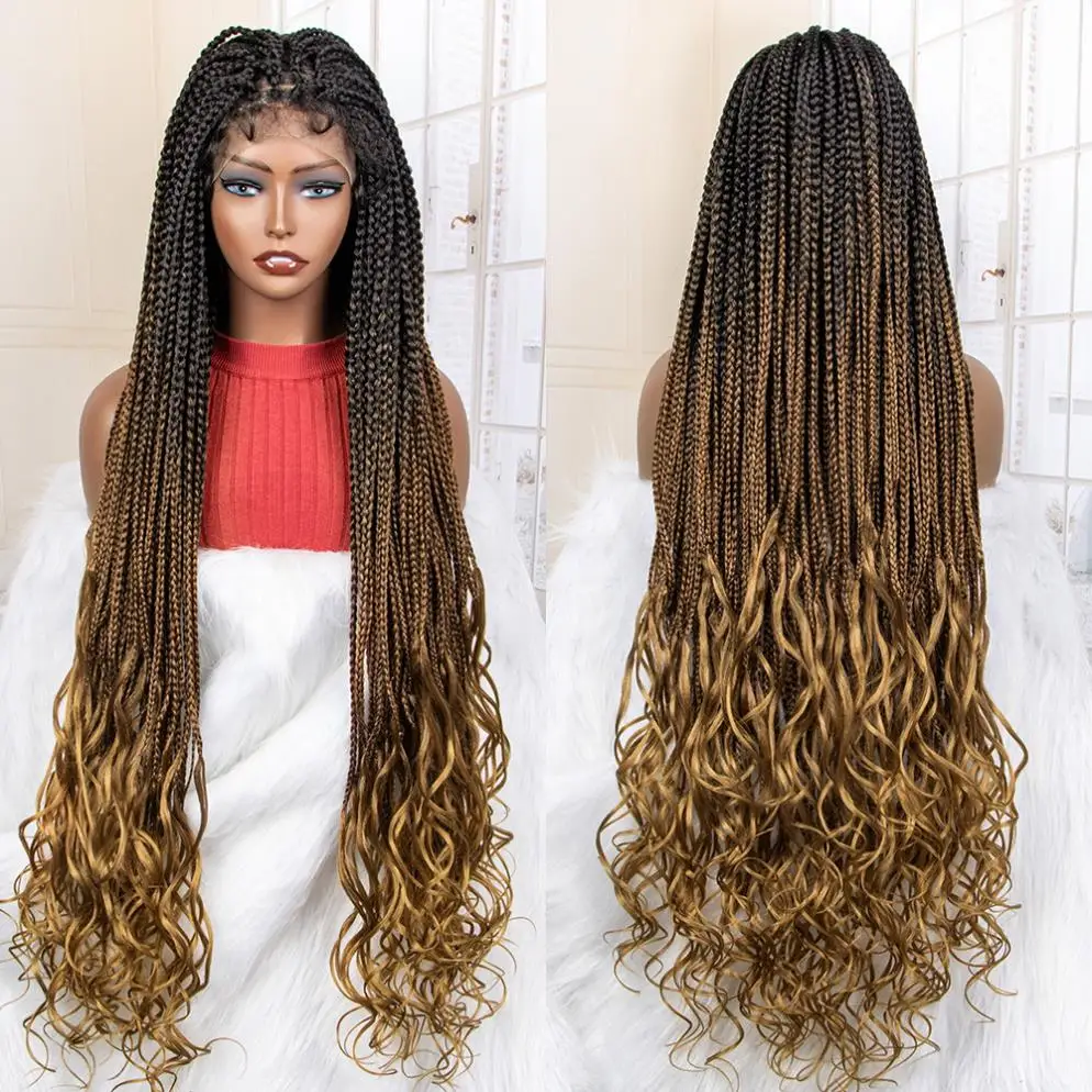 lace front box braid wig with curly end, different colors french curly loose wave braided wigs in stock