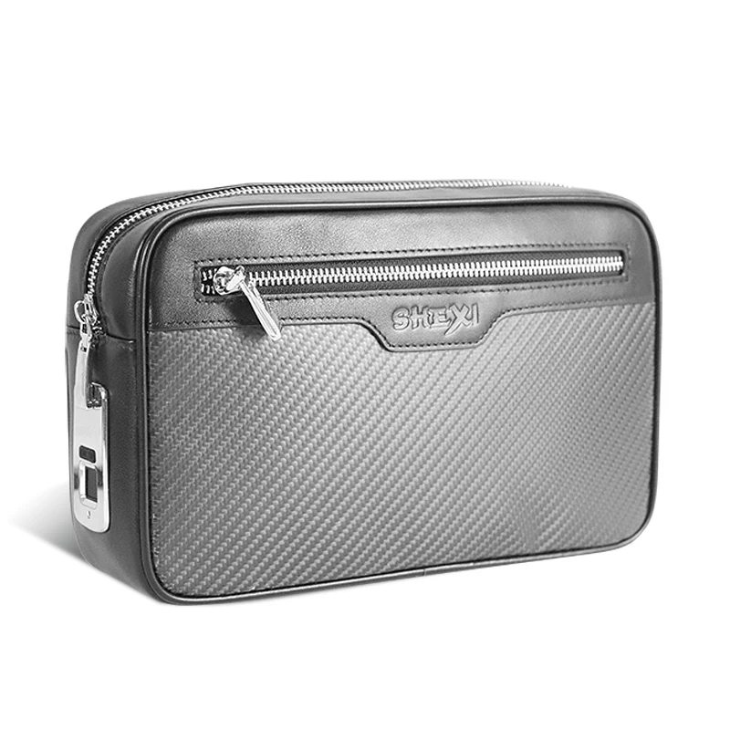 
2020 custom logo carbon fiber genuine leather clutch bag handbag with fingerprint lock for men 