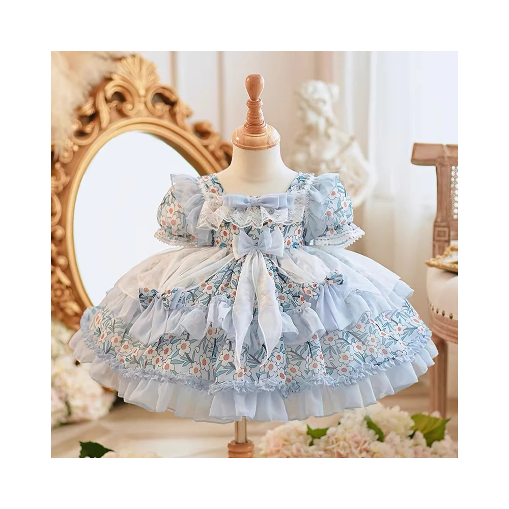 Yalindars Blue puff sleeve mesh waistband Layered Lolita Girls Dress Bow and flower print Jacquard fabric lace party dress