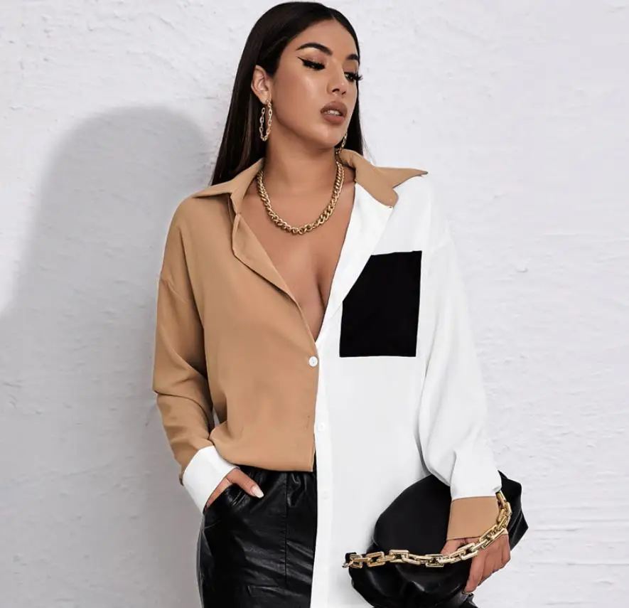 Fashion Women Shirt Full Sleeves Sexy Lady Blouse Contrast Color Patchwork Pocket Slim Female Tops Office Work Club 2022 Clothes