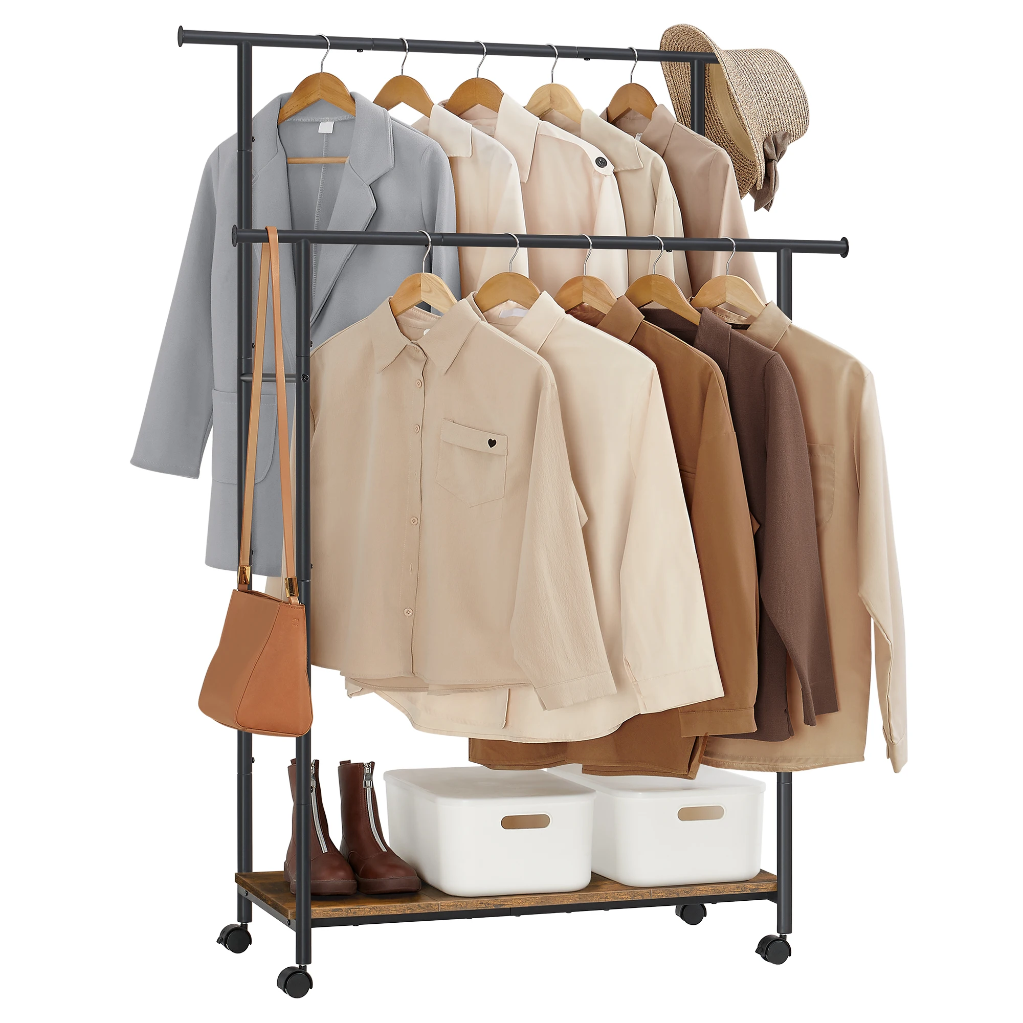 SONGMICS Double Rod Garment Rack with Four Universal Wheels Portable Clothes Rail Stand Multi Functional Clothes Rack