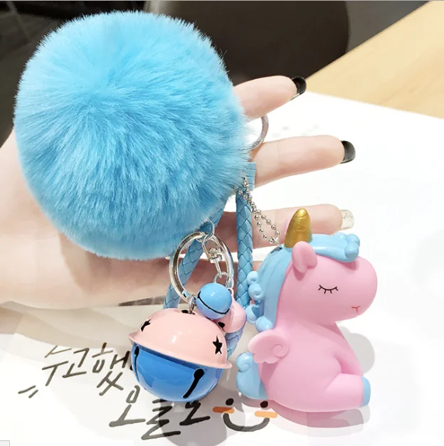 Newest Fashion Cute Bag Jewelry Bell Fur plush Ball Keyring Unicorn Charm Fluffy Pompom Keychain plush
