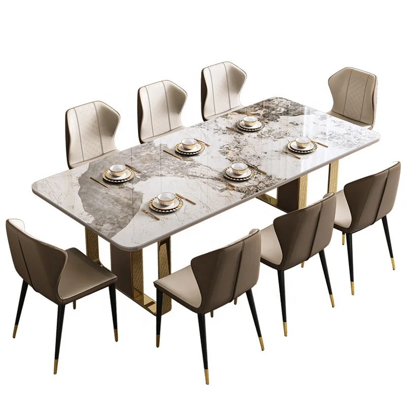 Nodic Marble Design Rectangle Home Furniture Dinning Table Meeting Room Office Desk Sintered Stone Top With Gold Metal Base