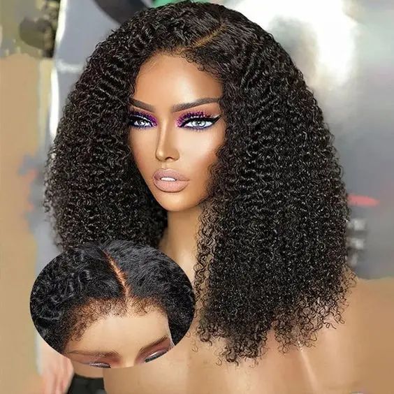 China Super Double Drawn Pixie Curls Kinky Curly Edges Wigs Human Hair Pre Plucked HD Lace Frontal Short Bob Wig For Black Women
