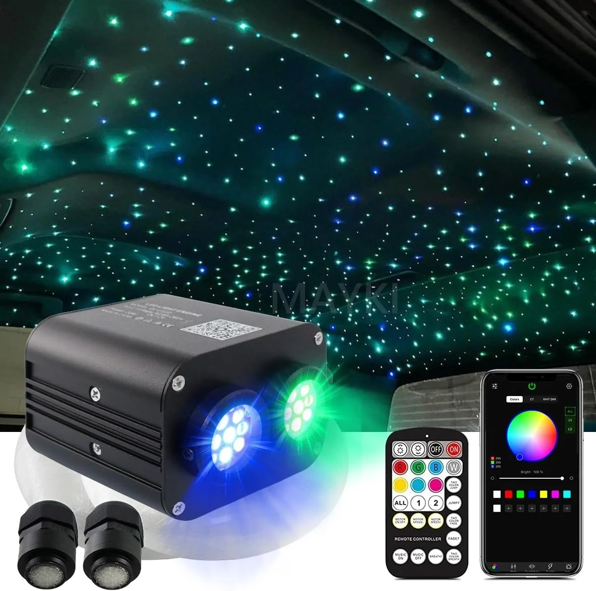 Dual Color 20W Sound Activated Fiber Optic Starlight Headliner Kits 1200pcs*0.03in*13.1ft Strands