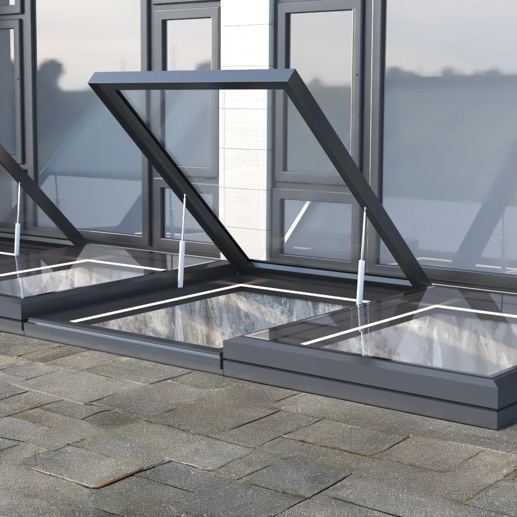 Modern 50X70 ft Electric Smart Opening Warehouse Skylight Louver 70 Degree Top Hung Angle Automatic Lighting Ventilation Roof