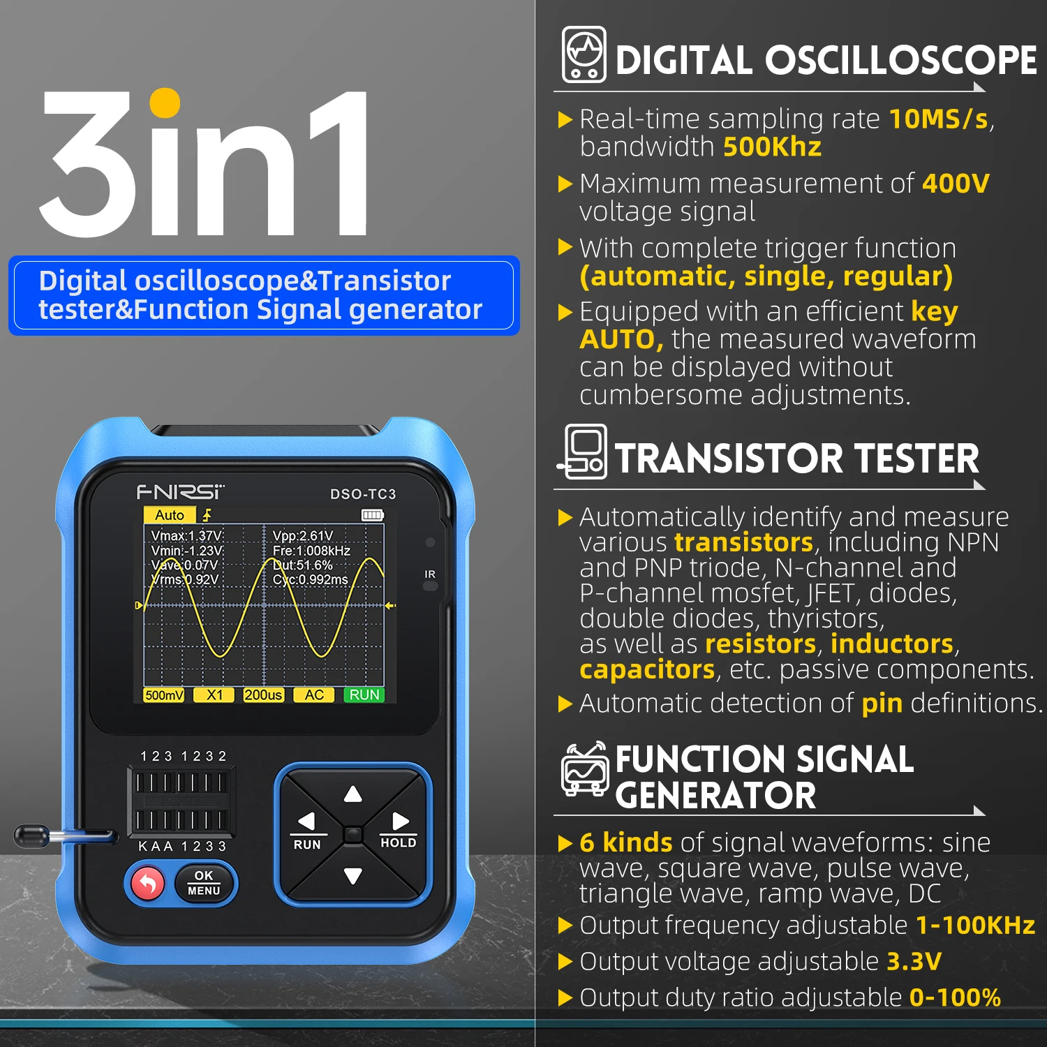FNIRSI digital oscilloscope transistor tester LCR meter three-in-one DSO-TC3 portable handheld small